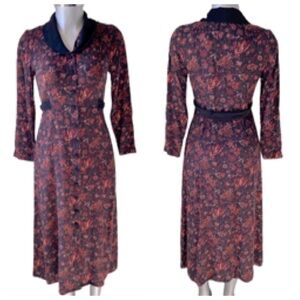 Vintage Dark Floral Midi Dress Prairie Peasant Modest Long Sleeve Grannycore S